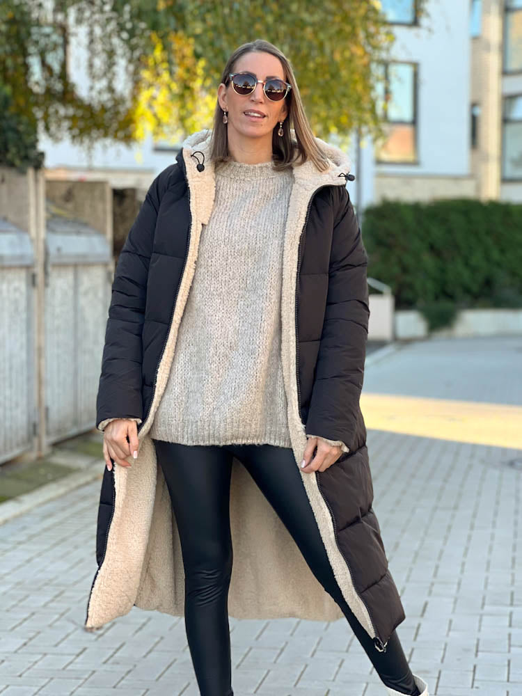 "Reversible" Gesteppte Wendejacke mit Teddyfell- schwarz/beige