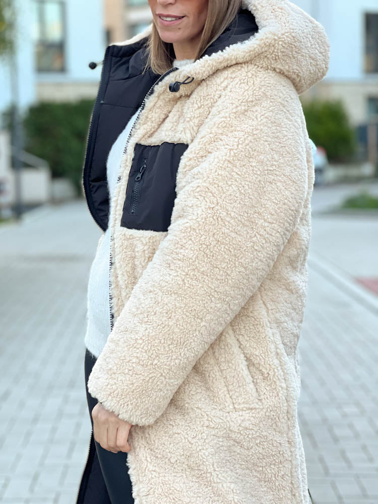 "Reversible" Gesteppte Wendejacke mit Teddyfell- schwarz/beige