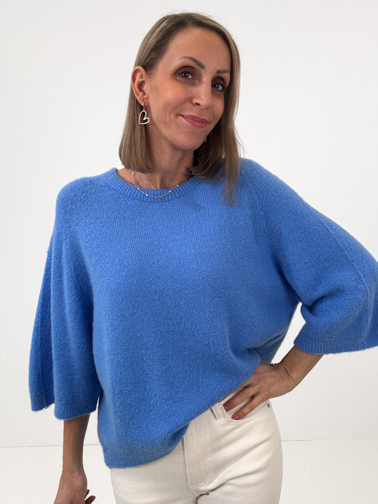 "Lana Spring" weicher Alpaka Pullover mit 3/4 Ärmeln - blau
