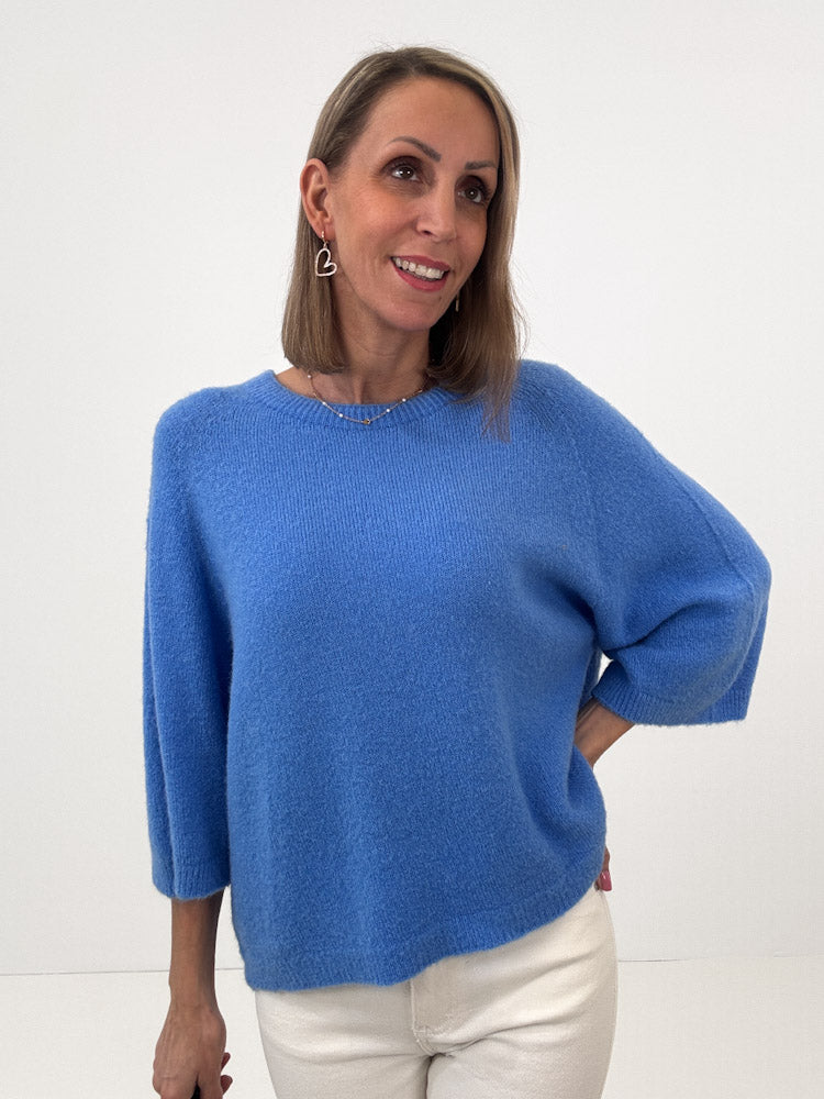 "Lana Spring" weicher Alpaka Pullover mit 3/4 Ärmeln - blau