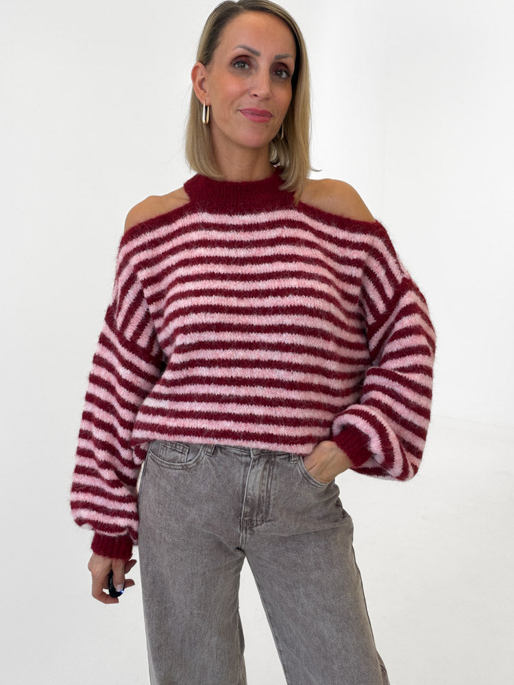 "Lia Stripes" weicher Cold-Shoulder Pullover - rosa/rot