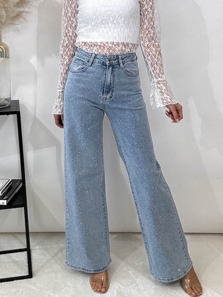 "Diamonds" Wide Leg Jeans mit Strass - blau