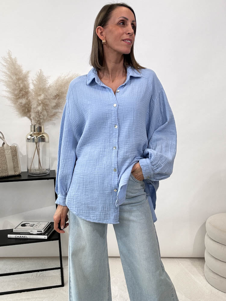 "Waffle Midi" kurze Bluse aus Baumwolle (Musselin)- hellblau