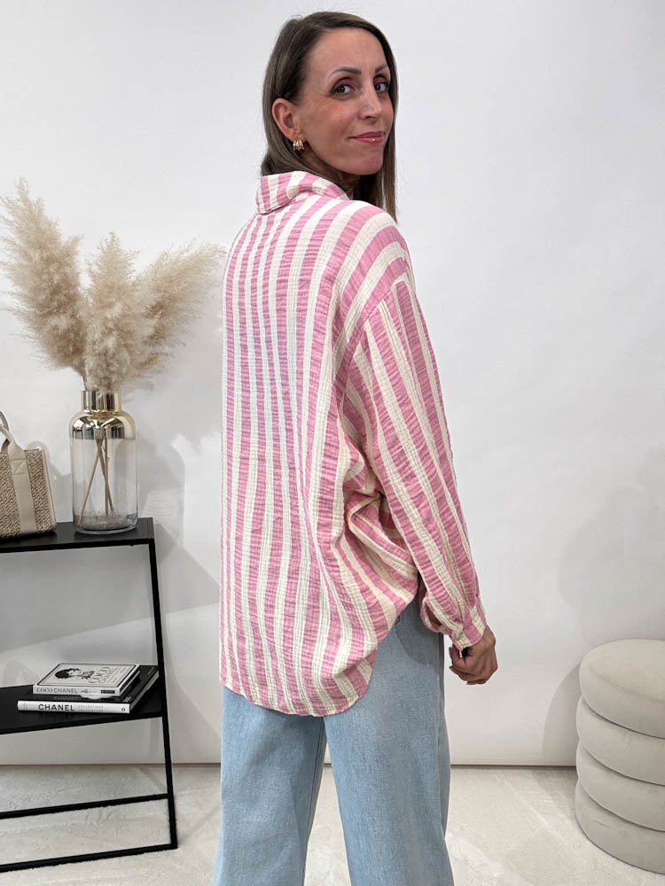 "Stripes Midi" Musselin Bluse mit Streifen - rosa