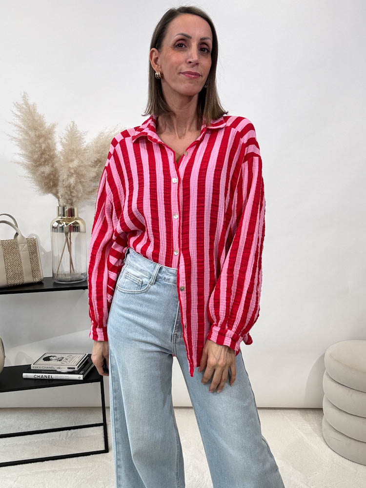 "Stripes Midi" Musselin Bluse mit Streifen - rosa/rot