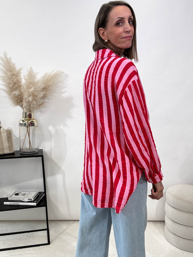 "Stripes Midi" Musselin Bluse mit Streifen - rosa/rot