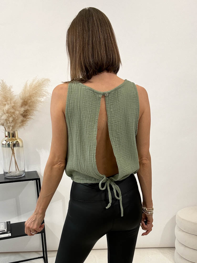 "Waffle Top" mit offener Rückseite aus Musselin - matcha