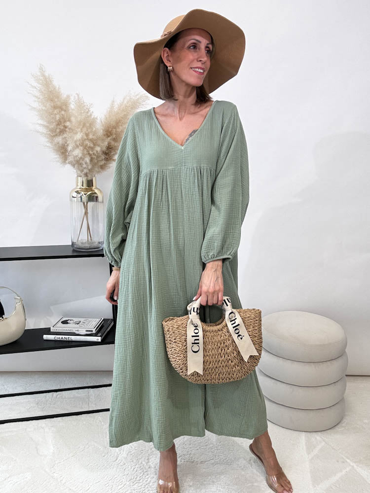,,Waffel"- Maxikleid aus Musselin- matcha