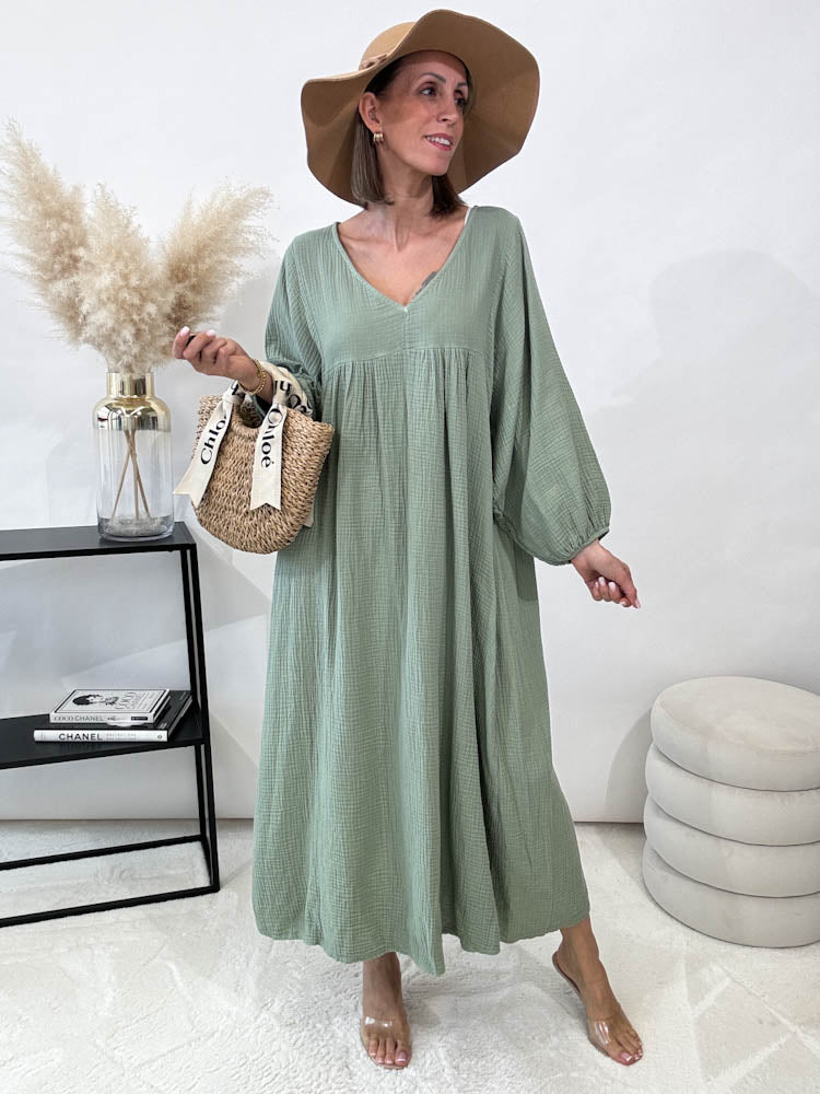 ,,Waffel"- Maxikleid aus Musselin- matcha