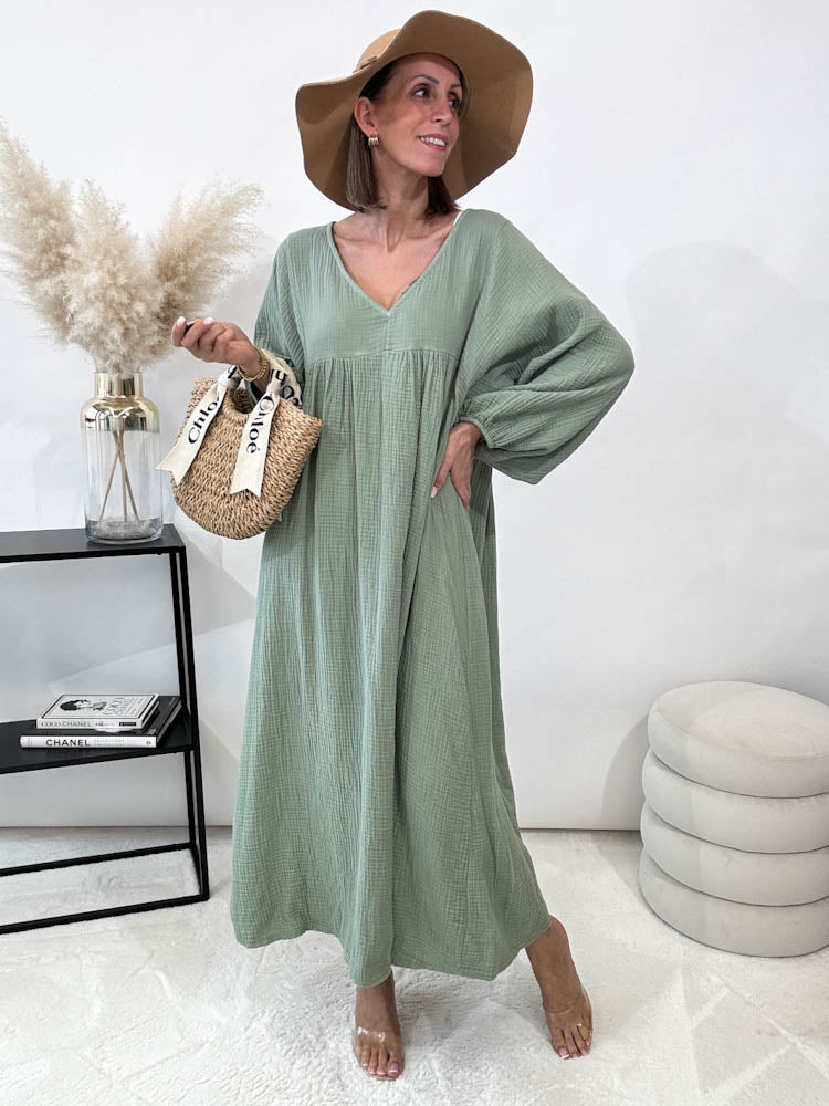 ,,Waffel"- Maxikleid aus Musselin- matcha