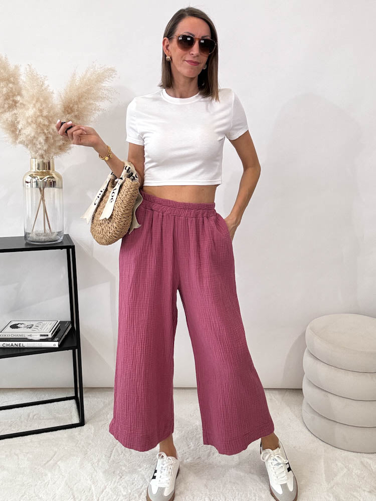 "Waffle Culotte" Hose aus Musselin - berry