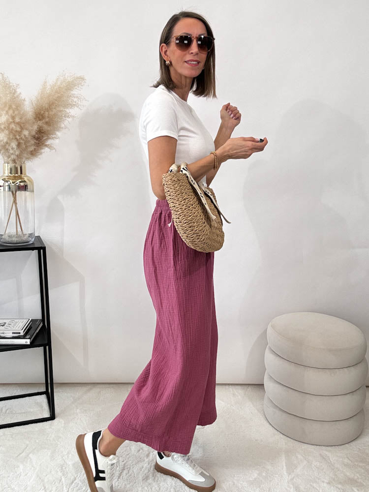 "Waffle Culotte" Hose aus Musselin - berry