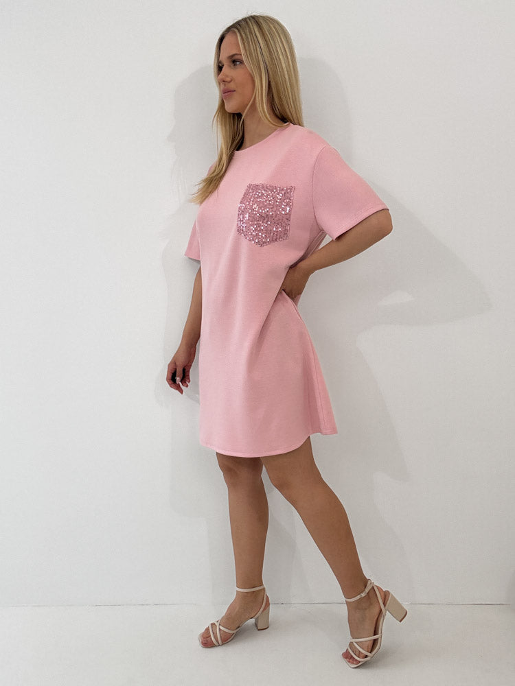 "Albi" weiches T-Shirtkleid mit Glitzerdetail - rosa