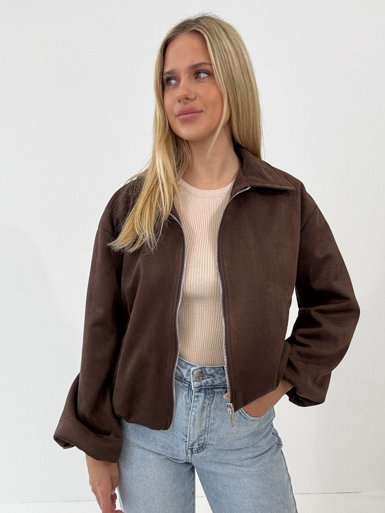 "Mona" weiche Jacke in Velourleder Optik - chocobraun