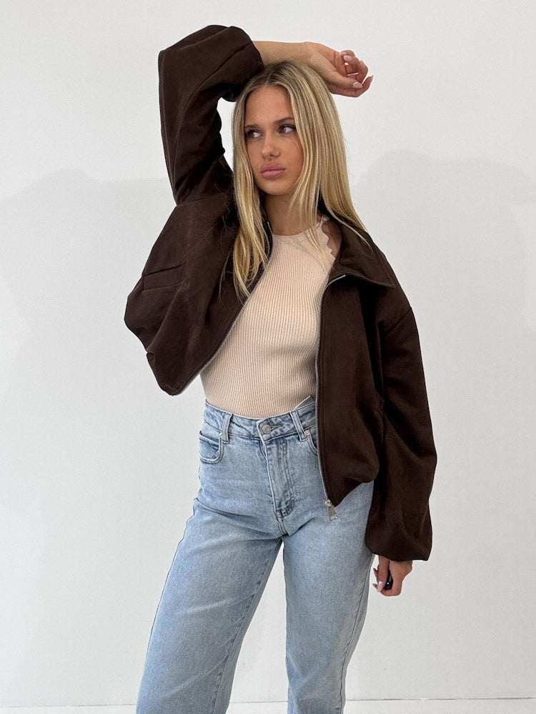 "Mona" weiche Jacke in Velourleder Optik - chocobraun
