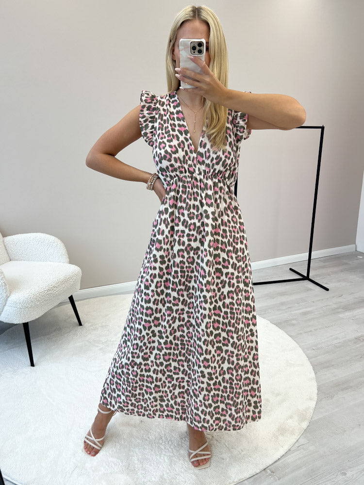 "Pianosa" tolles Leo Maxikleid aus Musselin - matcha/pink