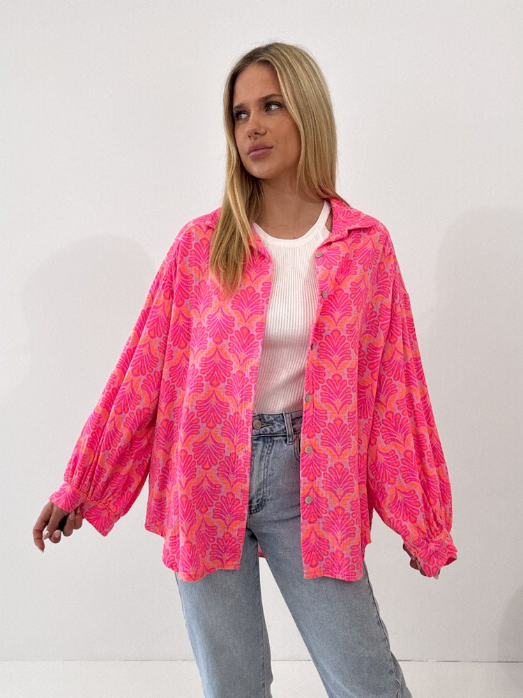 "Musselin Tropical" Bluse aus Baumwolle - pink/ orange