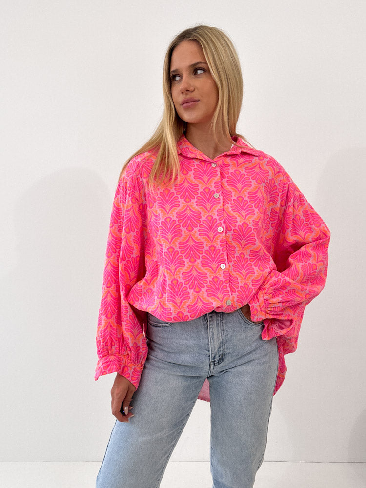 "Musselin Tropical" Bluse aus Baumwolle - pink/ orange