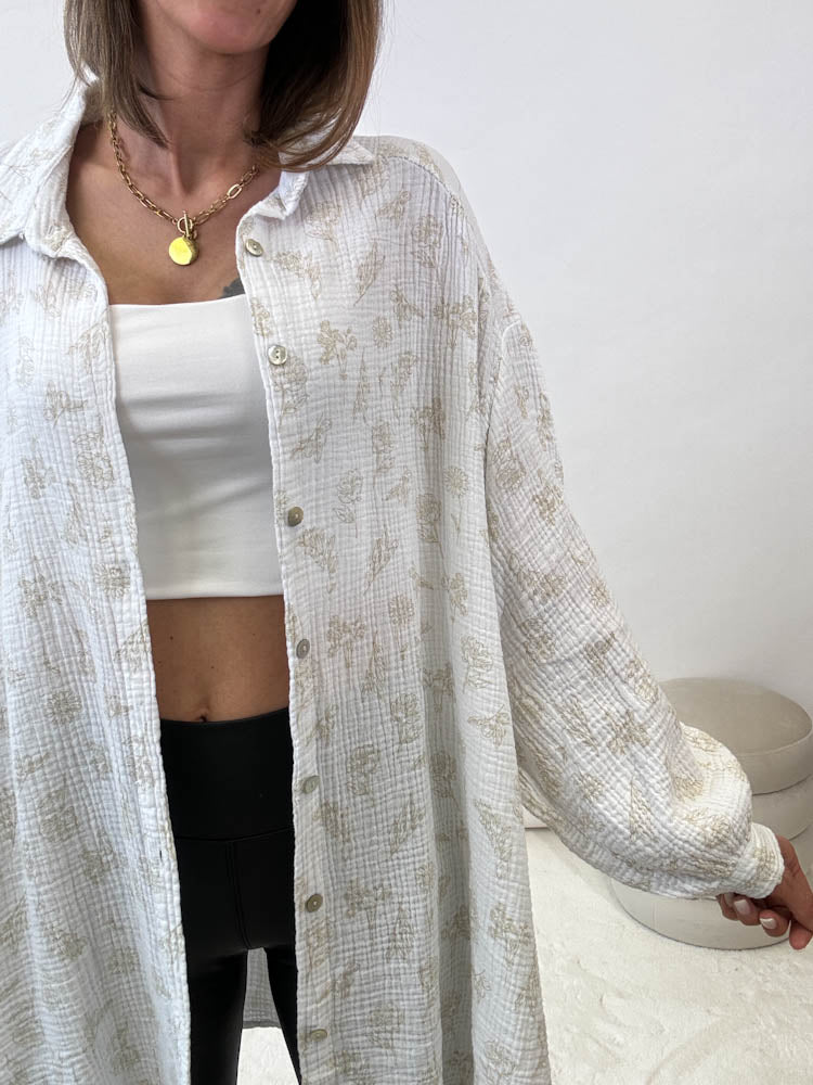 "Musselin Fleur Maxi " lange Oversize Bluse - beige