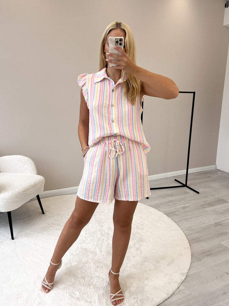"Musselin Stripes Set" Bluse und Short aus Baumwolle - weiß/blau