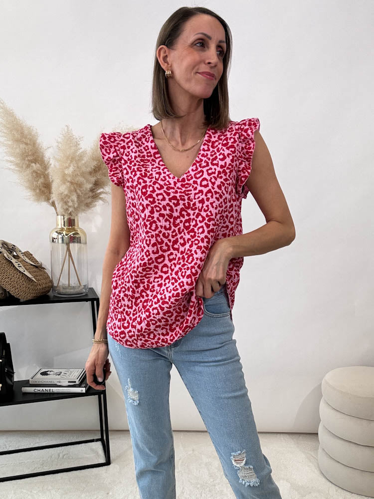 "Waffle" Musselin Top aus Baumwolle - rot/rosa