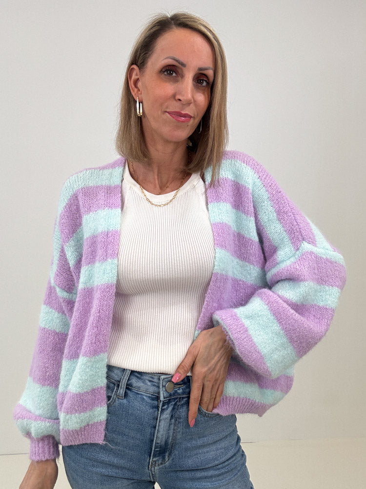 "Denver Stripes" weicher Cardigan mit Lana Wolle - flieder/ mint