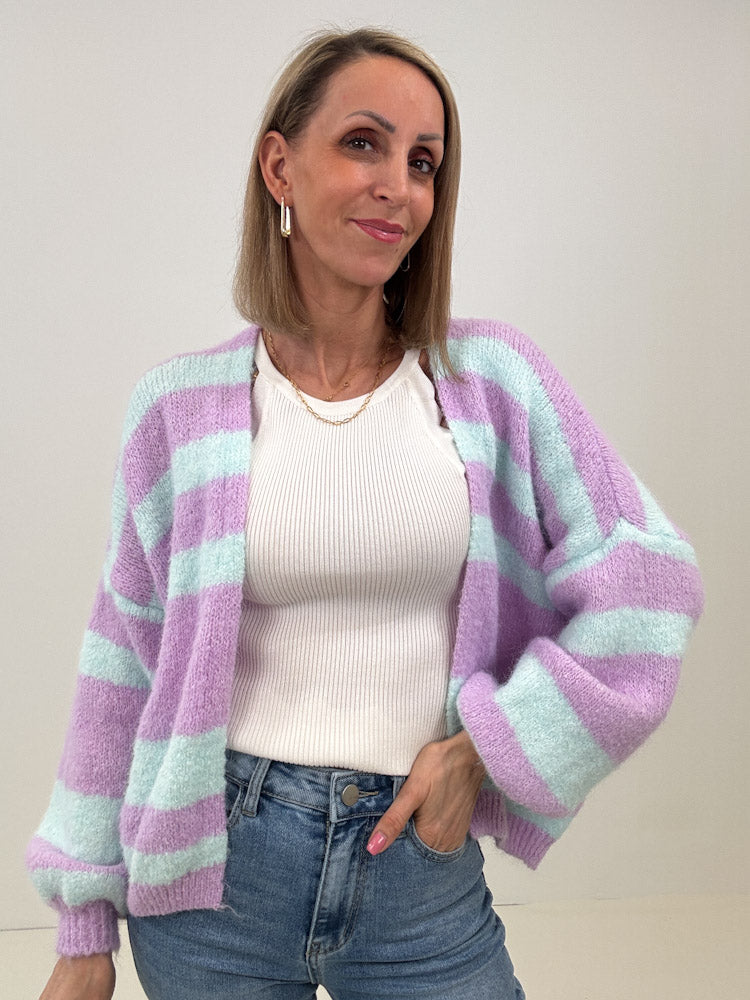 "Denver Stripes" weicher Cardigan mit Lana Wolle - flieder/ mint