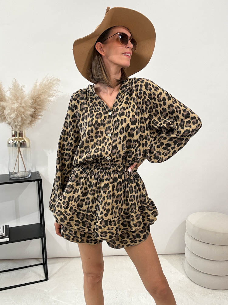 "Waffle Leo" Jumpsuit aus Musselin - camel