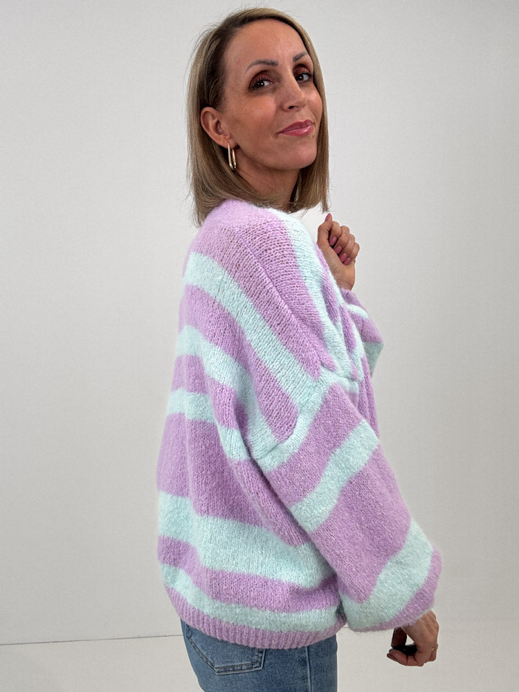 "Denver Stripes" weicher Cardigan mit Lana Wolle - flieder/ mint
