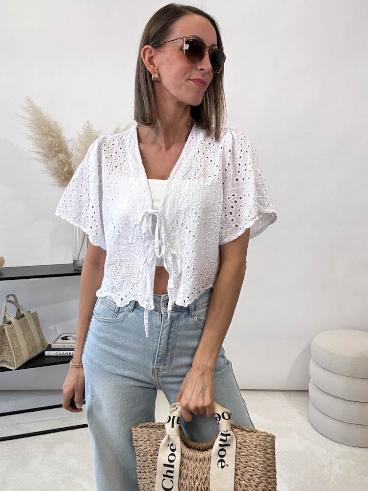 "Boho Bow" Bluse mit Schleifen - weiß