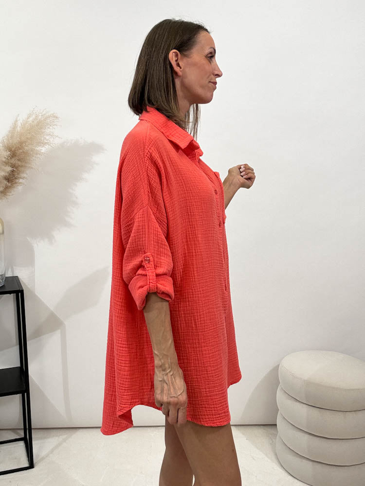 "Waffle Shirt" Bluse aus Musselin - coral