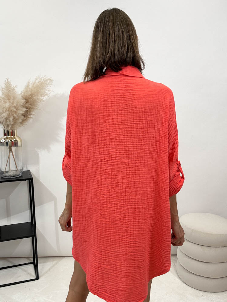 "Waffle Shirt" Bluse aus Musselin - coral