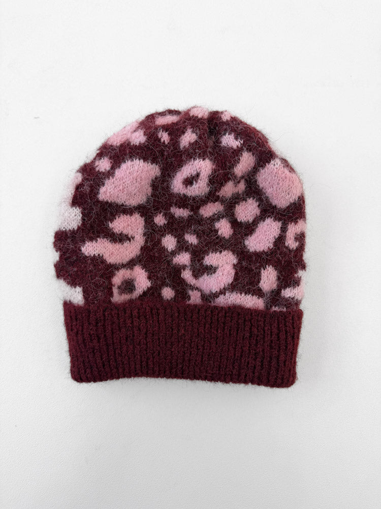 "Lilou Hat" kuschelige Leo Mütze aus Wolle - bordeaux/rosa