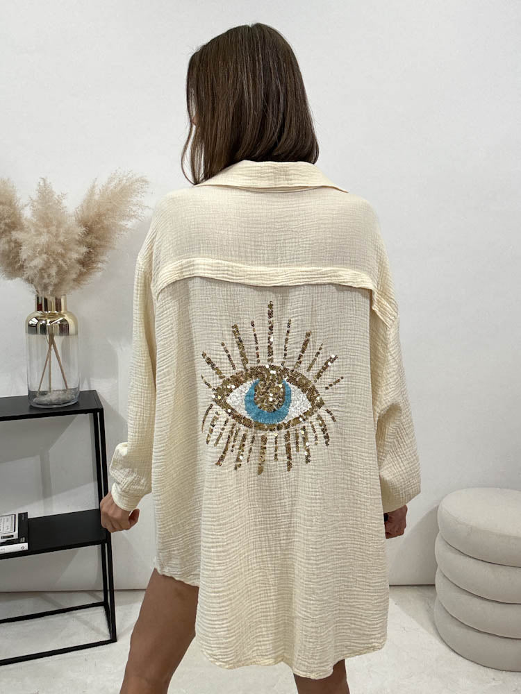 Musselin Bluse Auge aus Pailetten Oversize - vanille