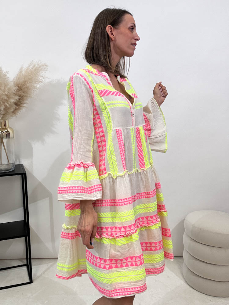 ,,Beach Midi"- Tunikakleid aus Baumwolle - pink/gelb