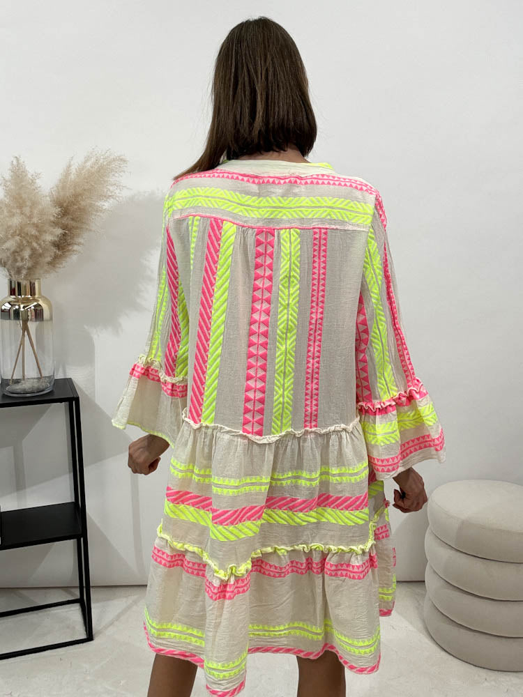 ,,Beach Midi"- Tunikakleid aus Baumwolle - pink/gelb