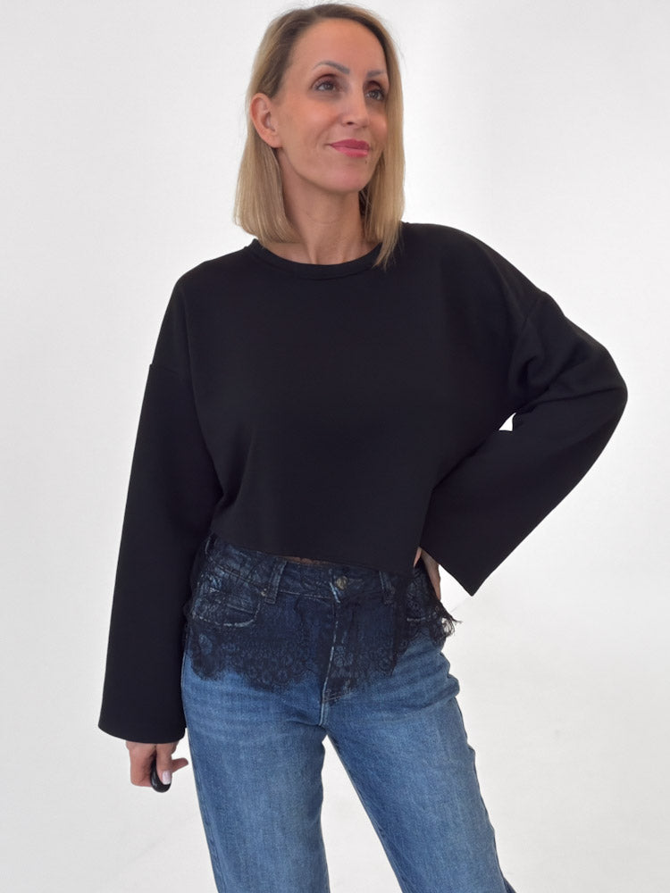 "Faro Lace" stylisches Sweatshirt mit Spitzendetails - schwarz
