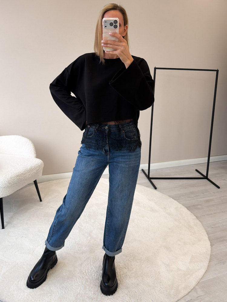 "Faro Lace" stylisches Sweatshirt mit Spitzendetails - schwarz