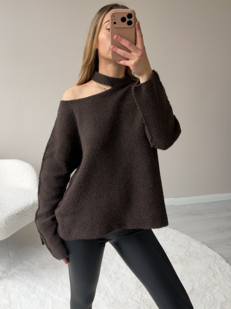 "Laguna" Pullover mit Cut-Out aus Lana & Alpaka Wolle - braun