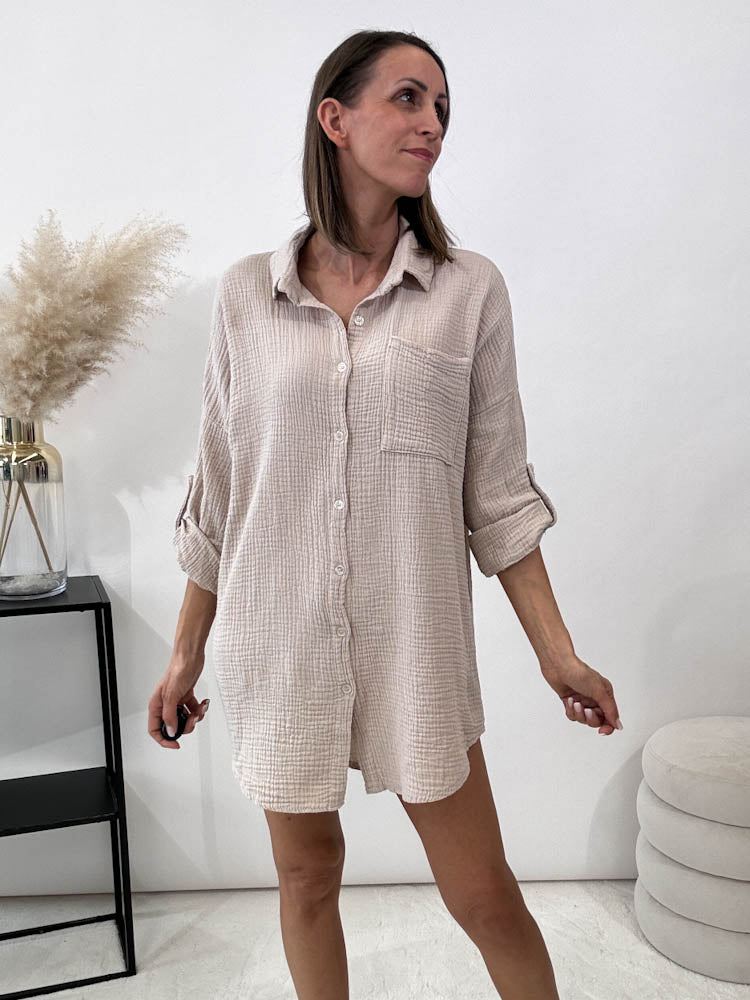 "Waffle Shirt" Bluse aus Musselin - dk. beige