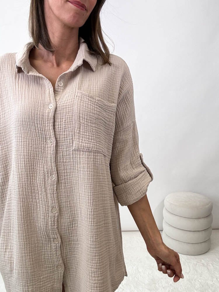 "Waffle Shirt" Bluse aus Musselin - dk. beige