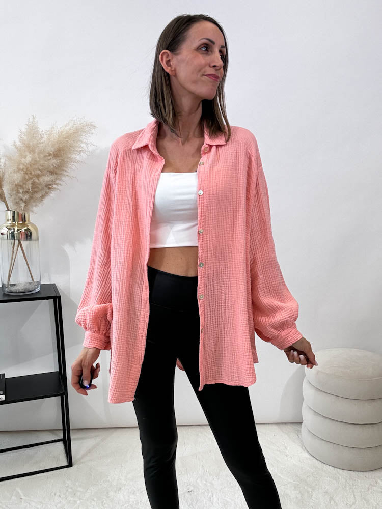 "Waffle Midi" kurze Bluse aus Baumwolle (Musselin)- apricot