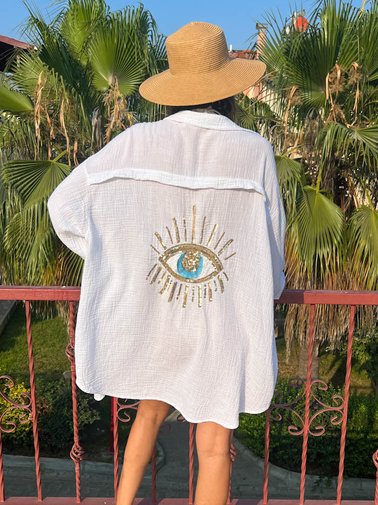 Musselin Bluse Auge aus Pailetten Oversize – weiß