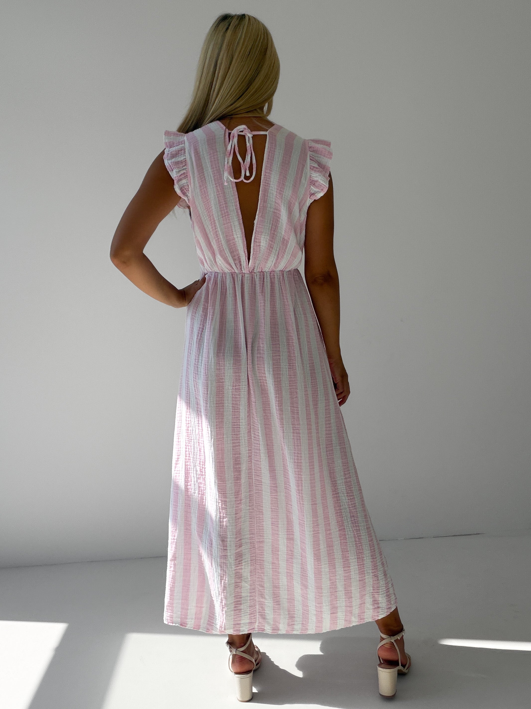 "Pianosa Stripes" Maxikleid aus Musselin - rosa/weiß