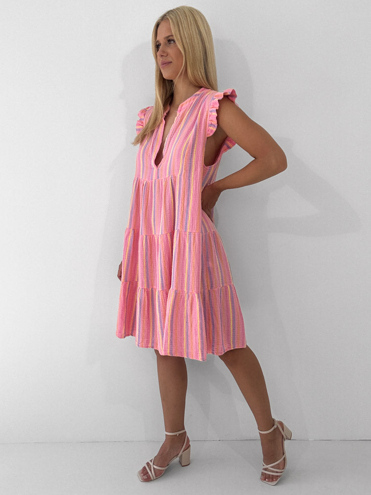 "Sicilia Little Stripes Midi" Kleid aus Musselin - rosa