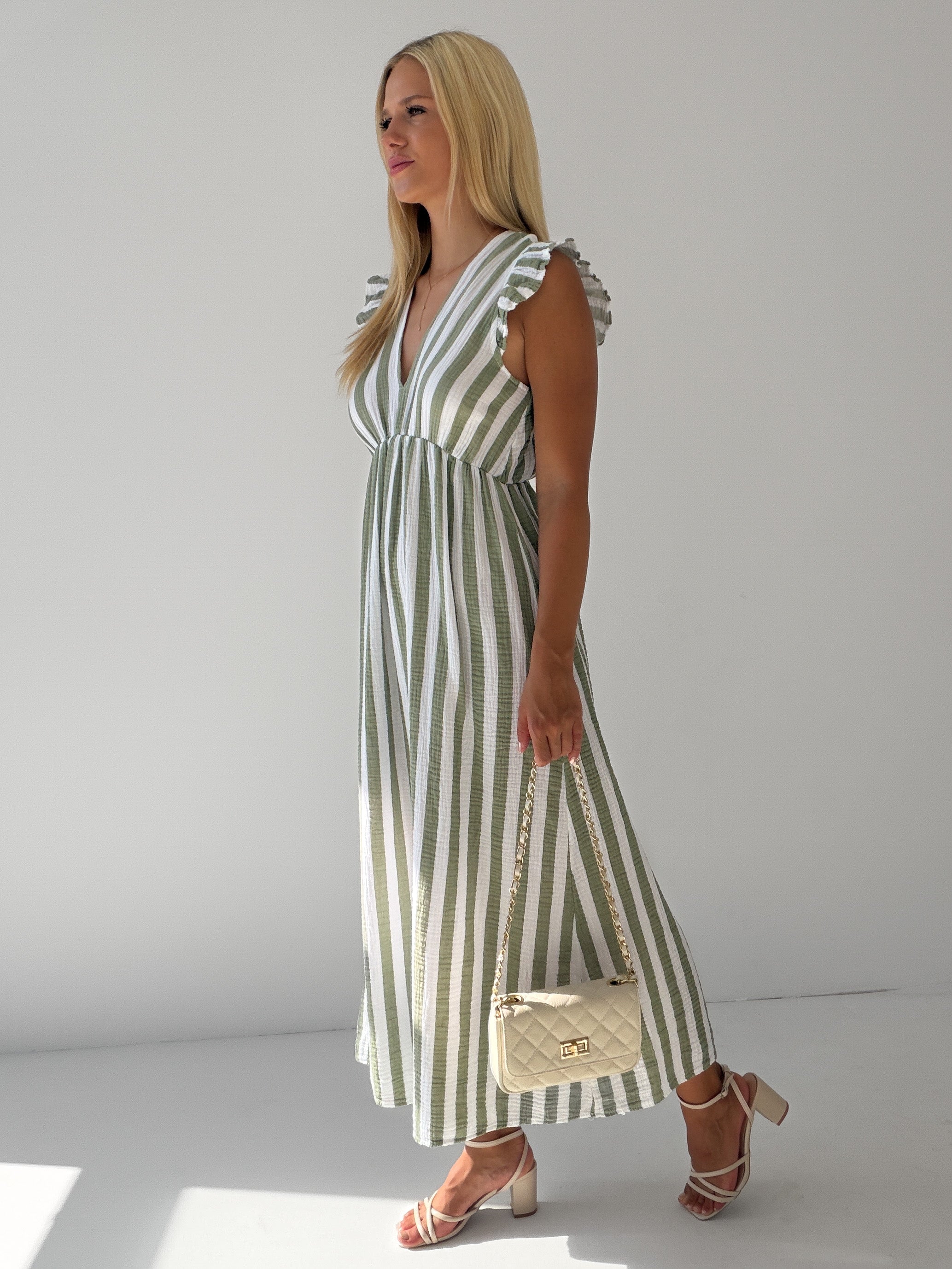 "Pianosa Stripes" Maxikleid aus Musselin - matcha grün/weiß