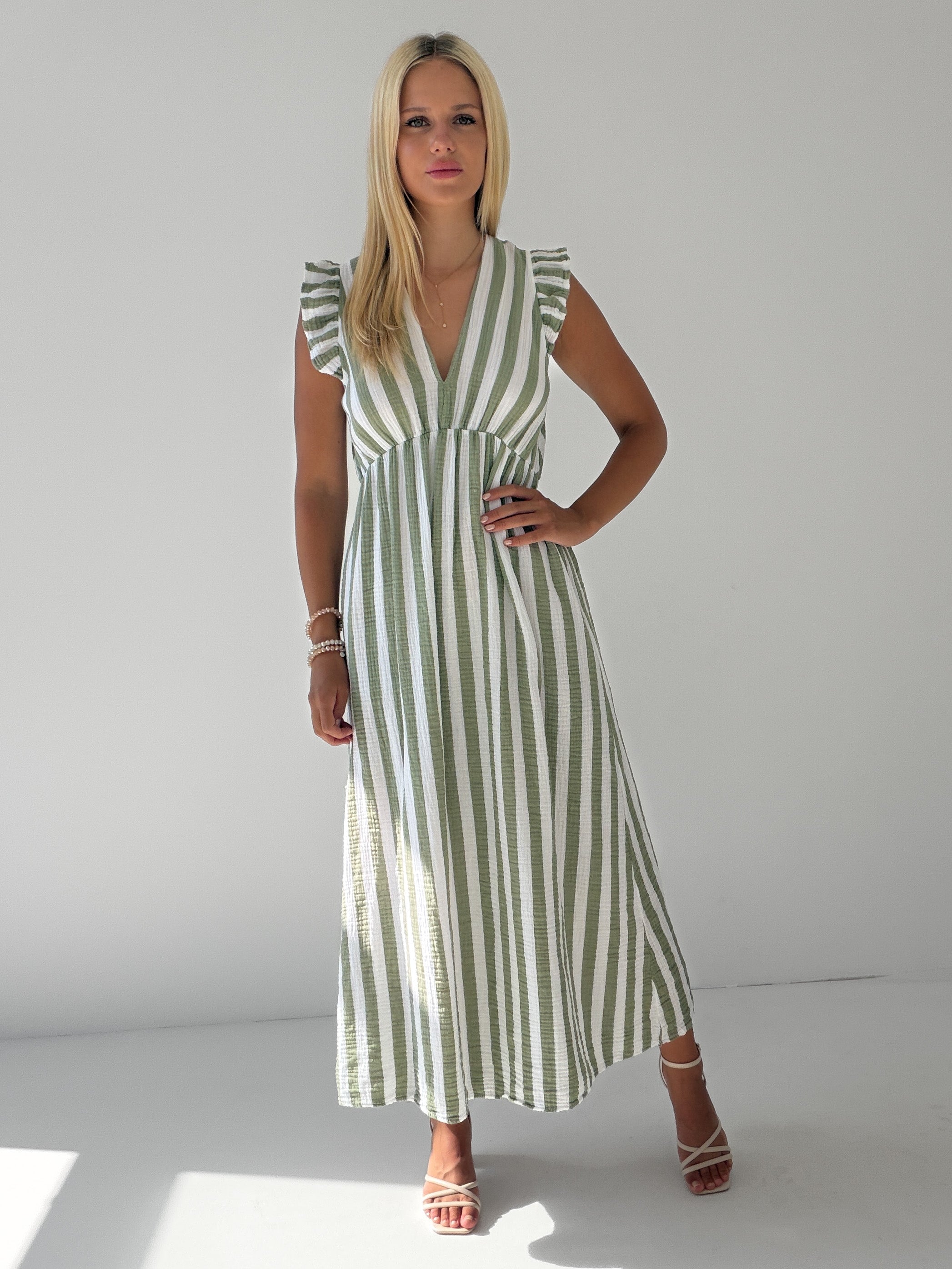 "Pianosa Stripes" Maxikleid aus Musselin - matcha grün/weiß