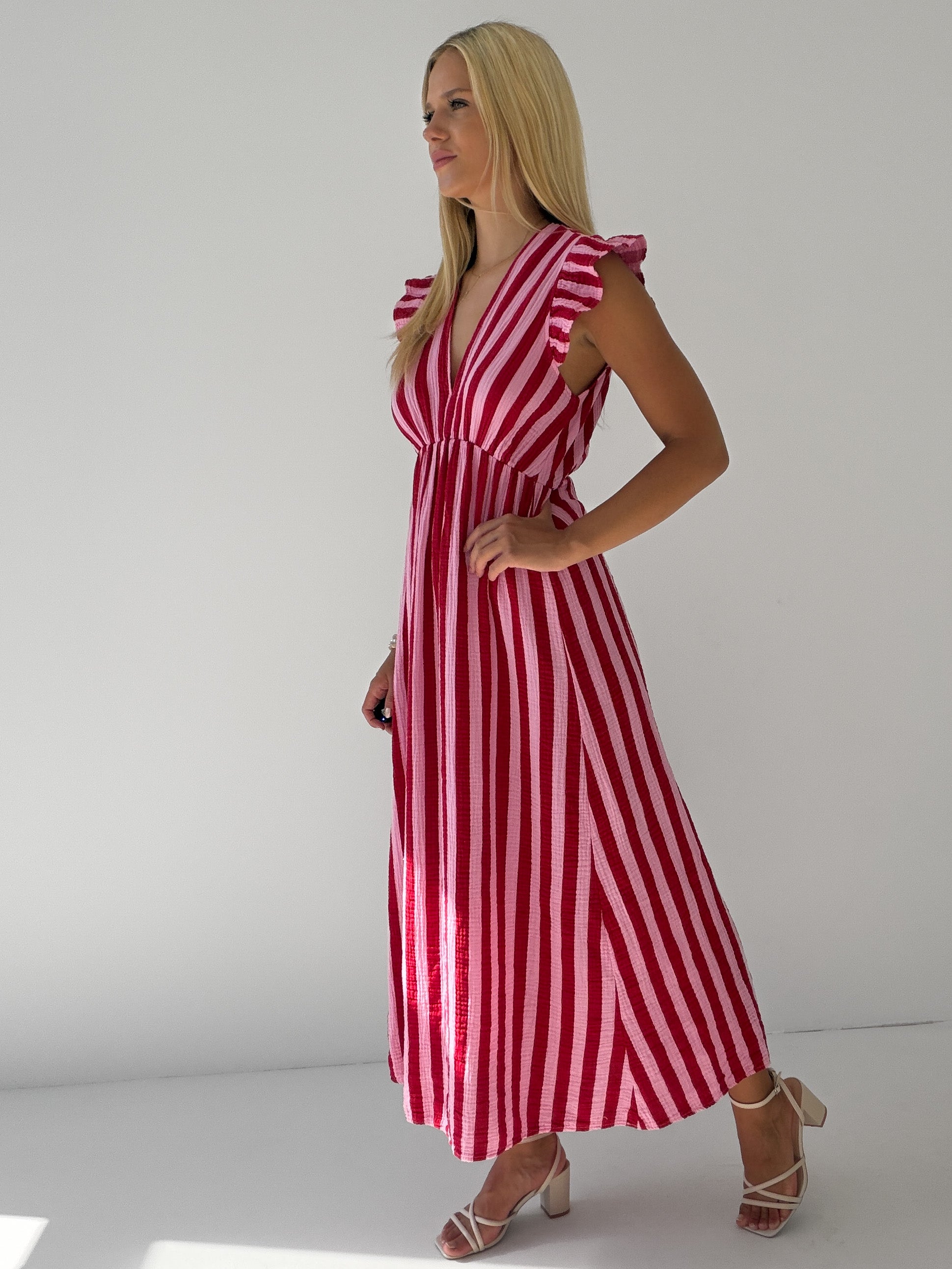 "Pianosa Stripes" Maxikleid aus Musselin - rosa/rot