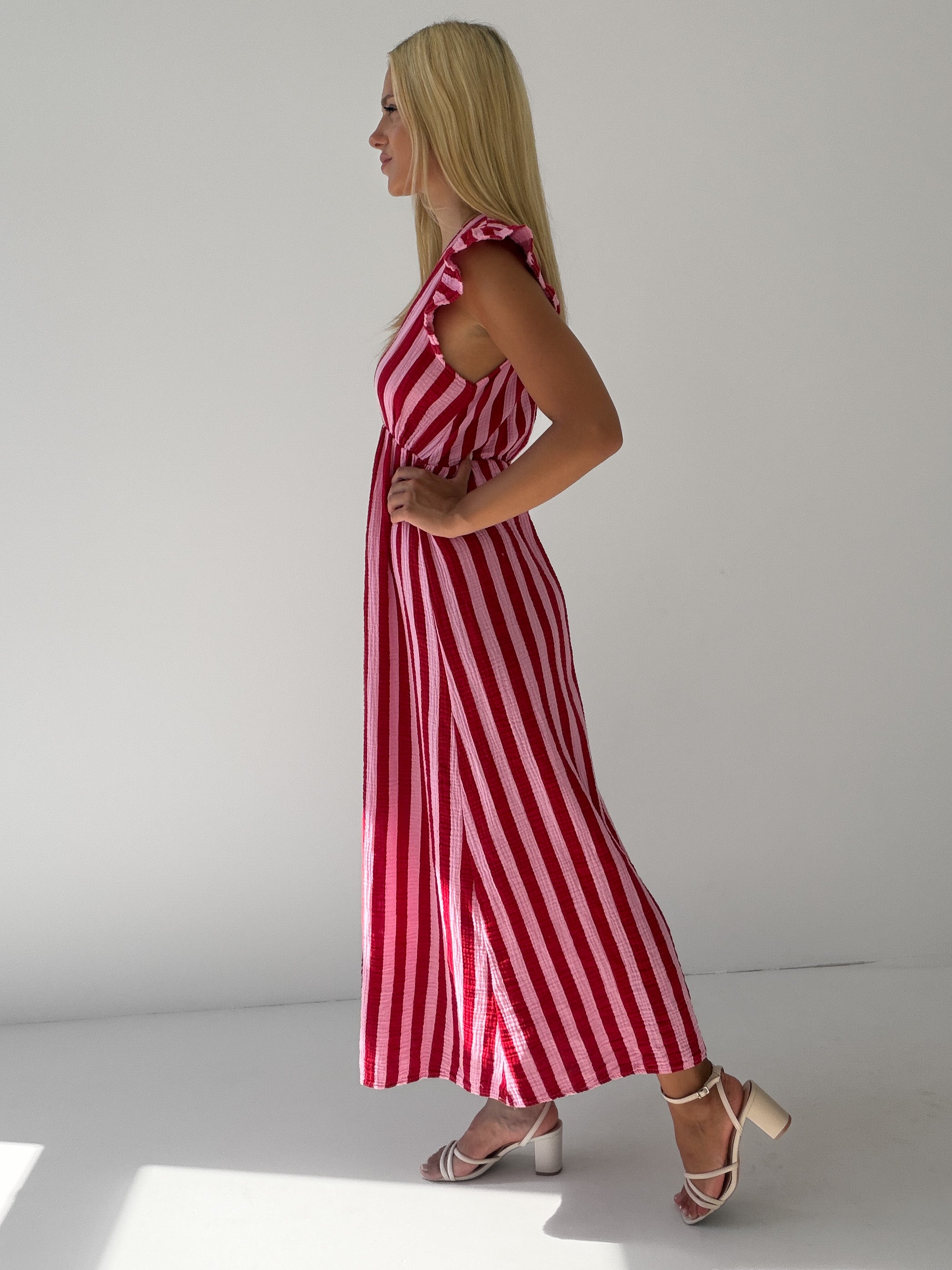 "Pianosa Stripes" Maxikleid aus Musselin - rosa/rot