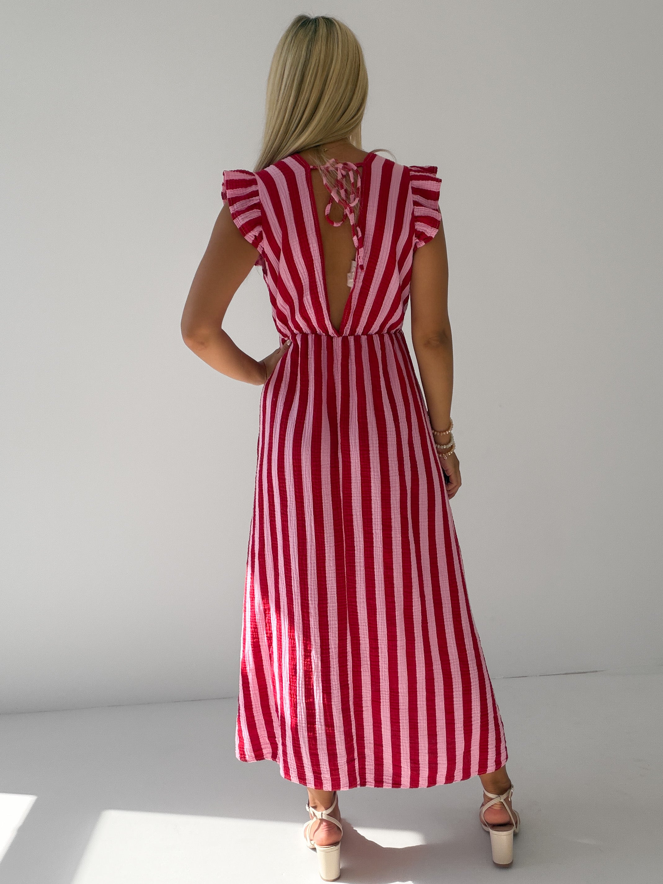 "Pianosa Stripes" Maxikleid aus Musselin - rosa/rot